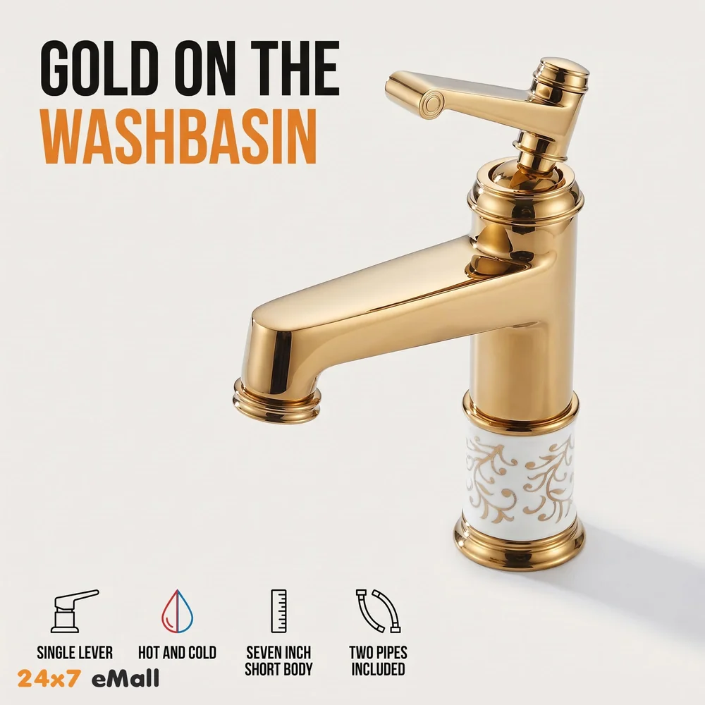 Brass Gold White Flower Basin Tap Faucet Mixer Hot and Cold Sink Mixer Golden Colour Aura Florina (Short Body 7 Inches) for Bathroom Toilet Wash Basins Hot and Cold Water