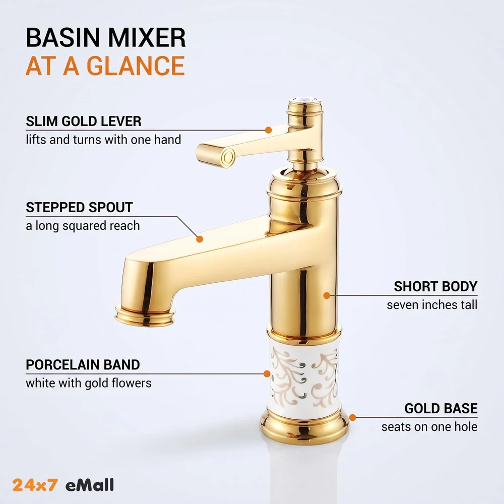 Brass Gold White Flower Basin Tap Faucet Mixer Hot and Cold Sink Mixer Golden Colour Aura Florina (Short Body 7 Inches) for Bathroom Toilet Wash Basins Hot and Cold Water