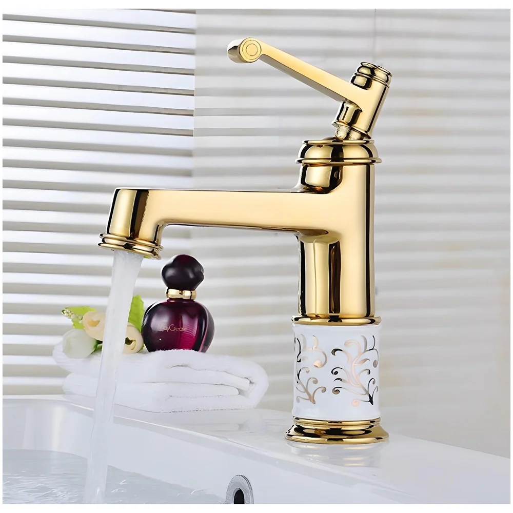 Brass Gold White Flower Basin Tap Faucet Mixer Hot and Cold Sink Mixer Golden Colour Aura Florina (Short Body 7 Inches) for Bathroom Toilet Wash Basins Hot and Cold Water