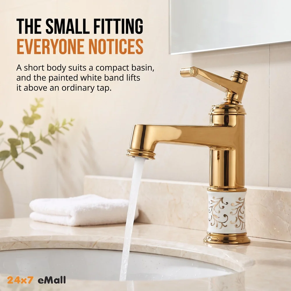 Brass Gold White Flower Basin Tap Faucet Mixer Hot and Cold Sink Mixer Golden Colour Aura Florina (Short Body 7 Inches) for Bathroom Toilet Wash Basins Hot and Cold Water