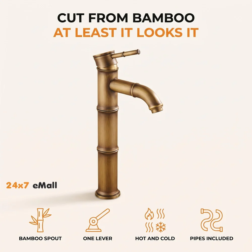 Brass Bamboo Spout Single Lever Basin Tap Faucet Mixer for Bathroom Toilet Wash Basins Hot and Cold Water, Bamboo with Aerated Water Flow, 12 Inches Height
