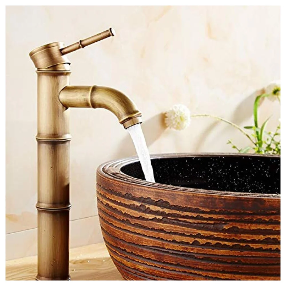 Brass Bamboo Spout Single Lever Basin Tap Faucet Mixer for Bathroom Toilet Wash Basins Hot and Cold Water, Bamboo with Aerated Water Flow, 12 Inches Height