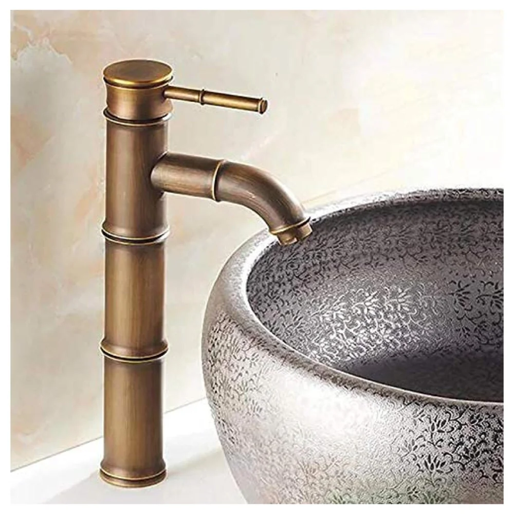 Brass Bamboo Spout Single Lever Basin Tap Faucet Mixer for Bathroom Toilet Wash Basins Hot and Cold Water, Bamboo with Aerated Water Flow, 12 Inches Height