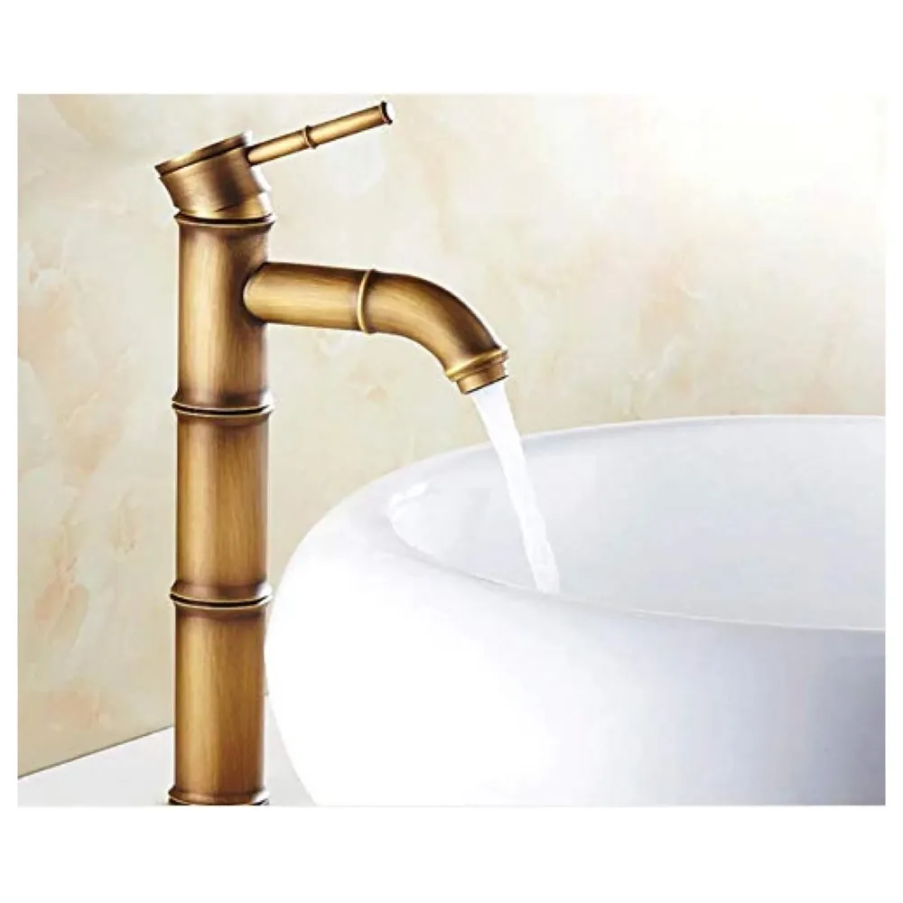 Brass Bamboo Spout Single Lever Basin Tap Faucet Mixer for Bathroom Toilet Wash Basins Hot and Cold Water, Bamboo with Aerated Water Flow, 12 Inches Height