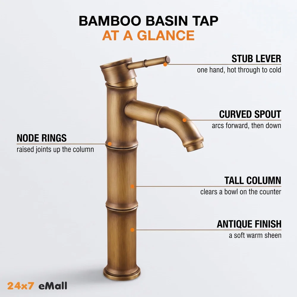 Brass Bamboo Spout Single Lever Basin Tap Faucet Mixer for Bathroom Toilet Wash Basins Hot and Cold Water, Bamboo with Aerated Water Flow, 12 Inches Height