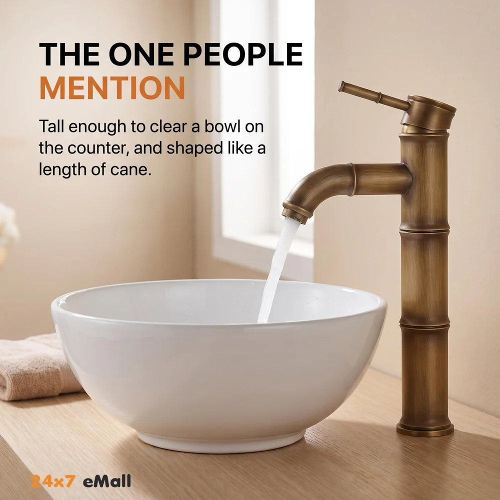 Brass Bamboo Spout Single Lever Basin Tap Faucet Mixer for Bathroom Toilet Wash Basins Hot and Cold Water, Bamboo with Aerated Water Flow, 12 Inches Height