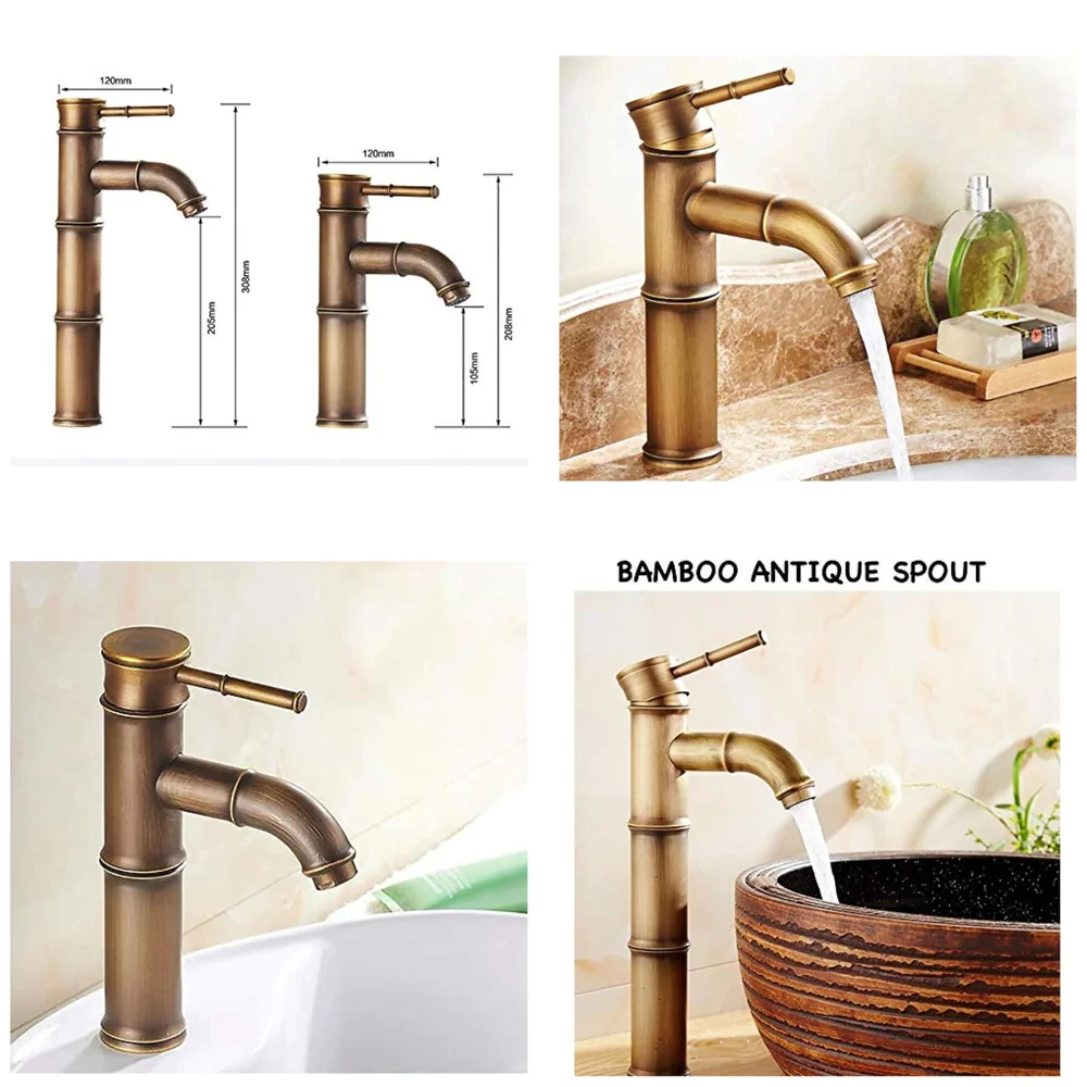 Brass Bamboo Spout Single Lever Basin Tap Faucet Mixer for Bathroom Toilet Wash Basins Hot and Cold Water, Bamboo with Aerated Water Flow, 12 Inches Height