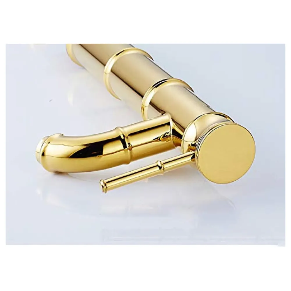 Gold Bamboo Spout Single Lever Basin Mixer with 2 Braided Connection Pipes 450mm Hot and Cold, Bamboo with Aerated Water Flow, 12 Inches Height