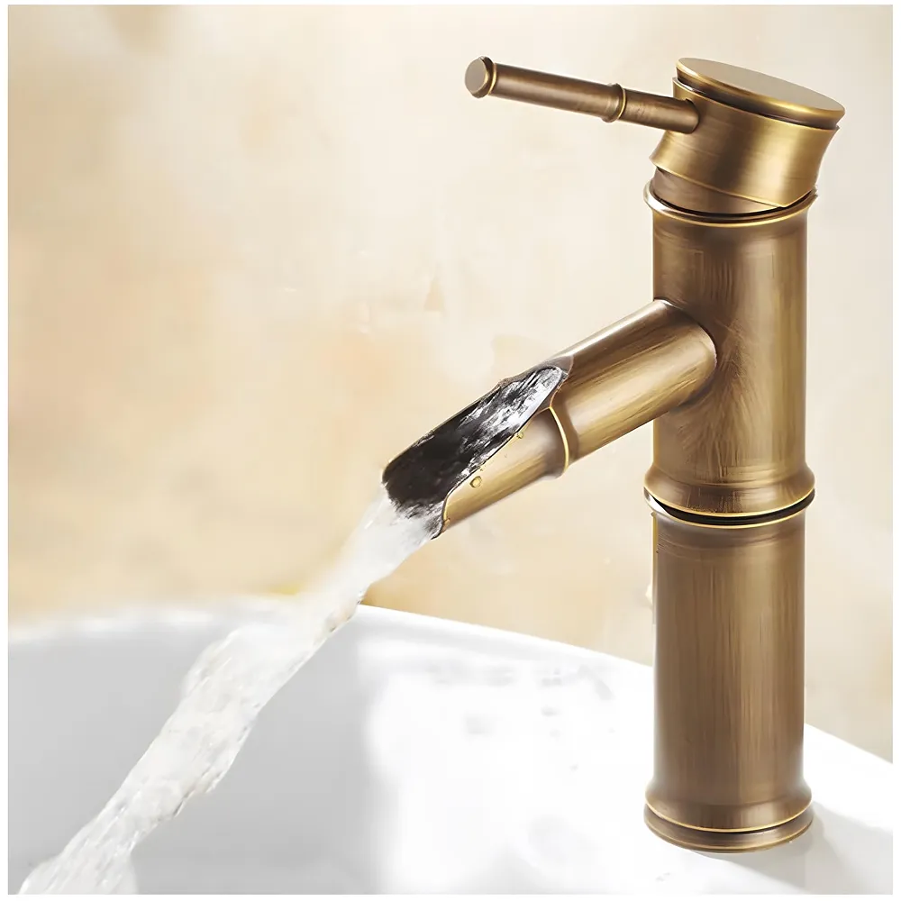 Short Waterfall Bamboo Basin Mixer Washbasin Faucet Brass 7in