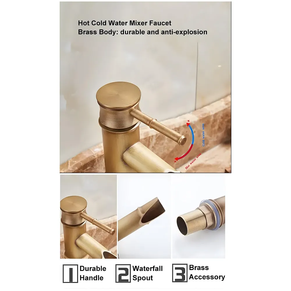 Short Waterfall Bamboo Basin Mixer Washbasin Faucet Brass 7in