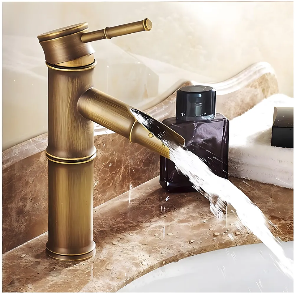 Short Waterfall Bamboo Basin Mixer Washbasin Faucet Brass 7in