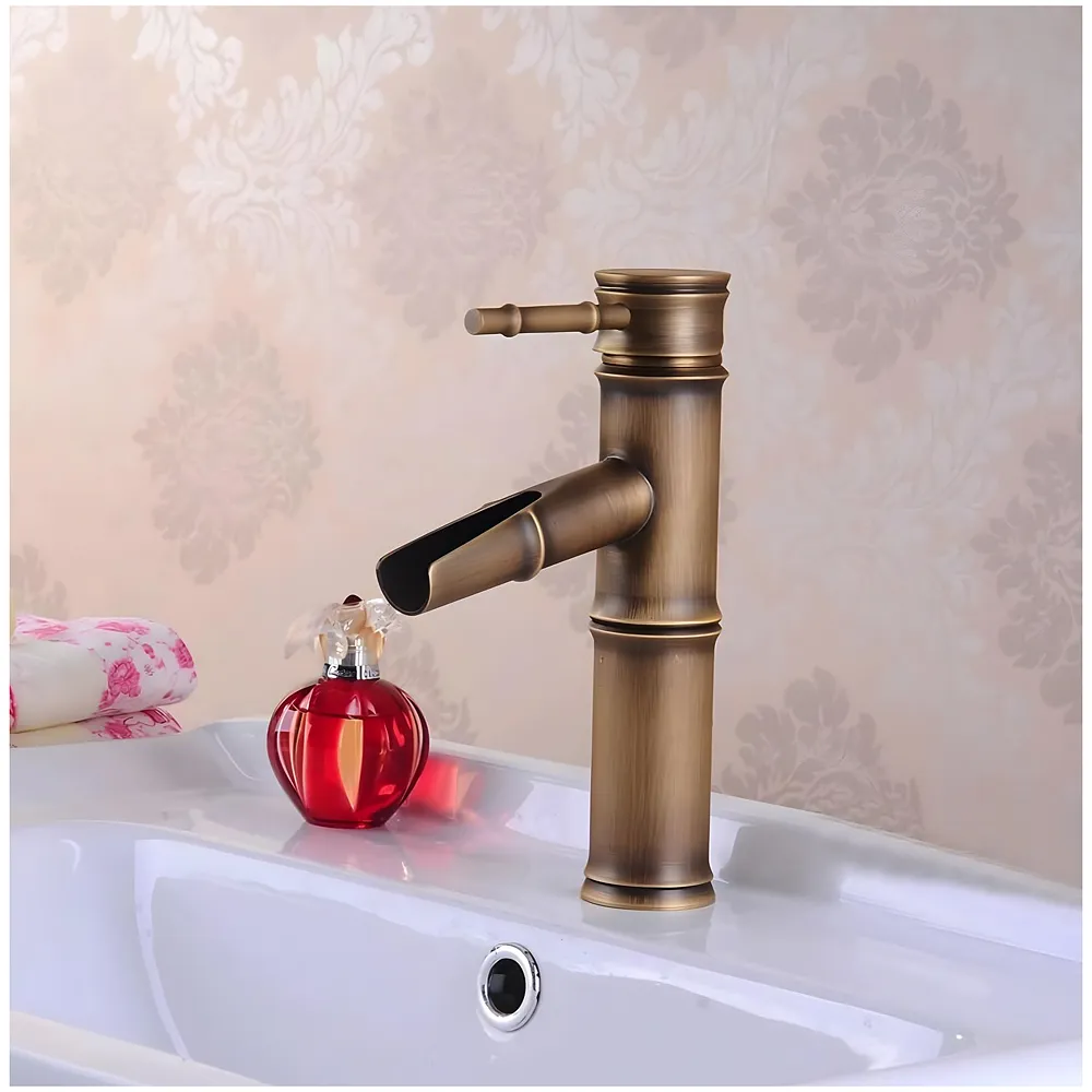 Short Waterfall Bamboo Basin Mixer Washbasin Faucet Brass 7in