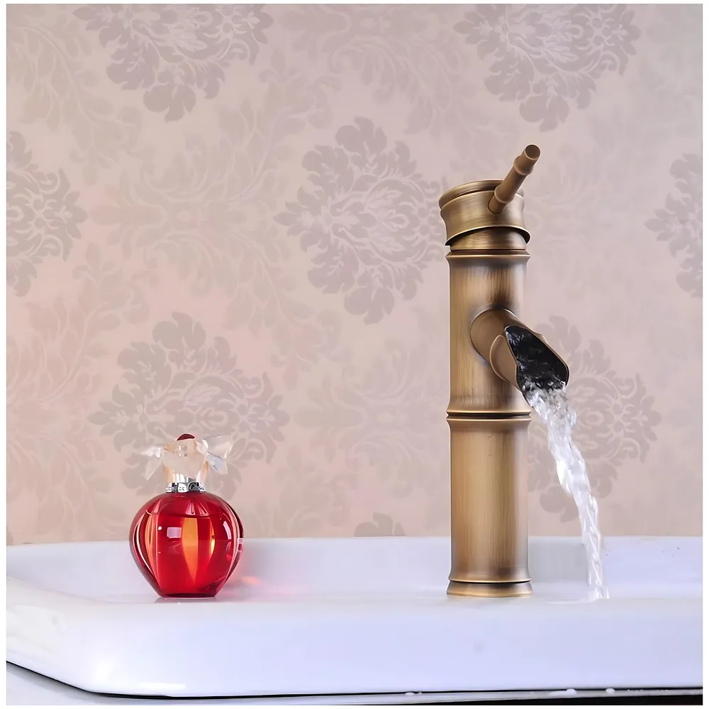 Short Waterfall Bamboo Basin Mixer Washbasin Faucet Brass 7in