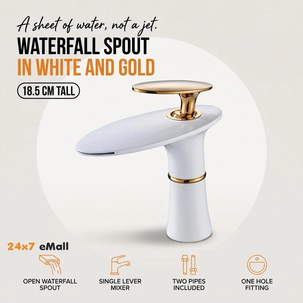 White Waterfall Faucet Gold Waterfall Basin Tap Faucet Mixer for Bathroom Toilet Wash Basins Hot and Cold Water - 18.5cm Height