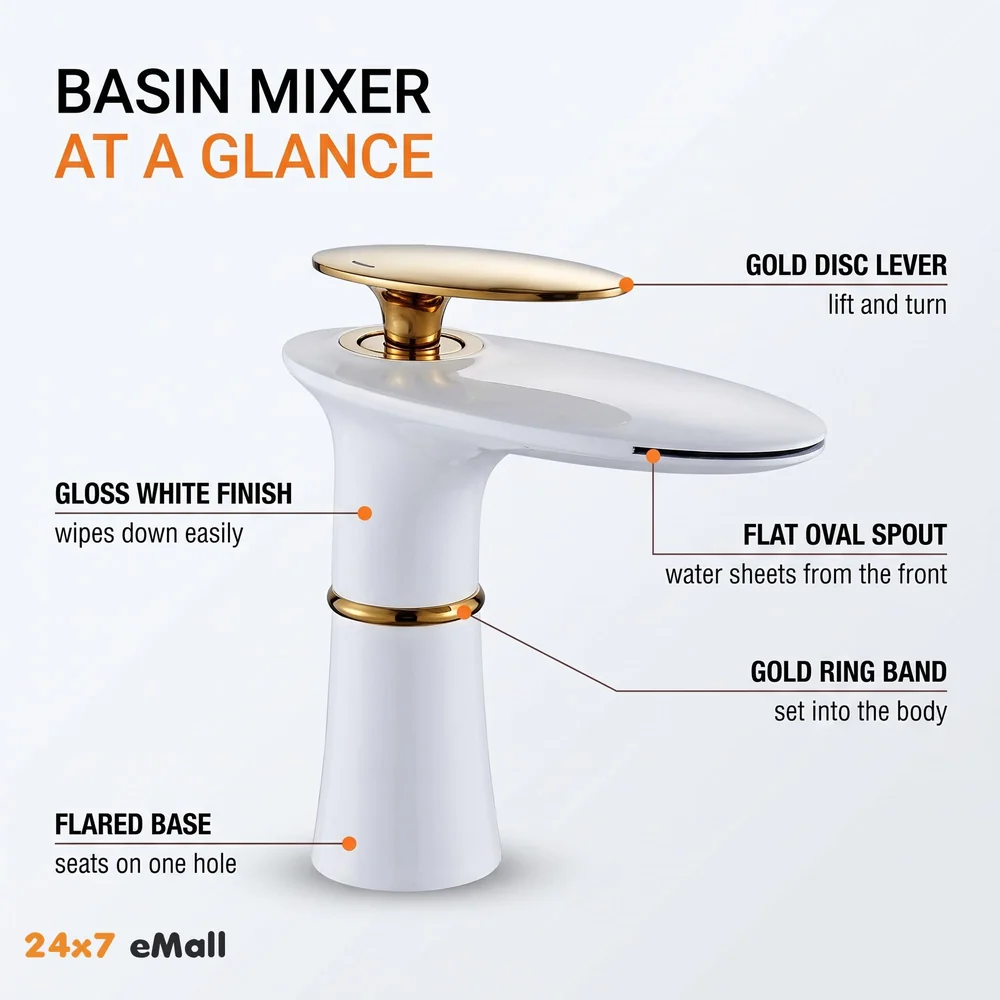 White Waterfall Faucet Gold Waterfall Basin Tap Faucet Mixer for Bathroom Toilet Wash Basins Hot and Cold Water - 18.5cm Height