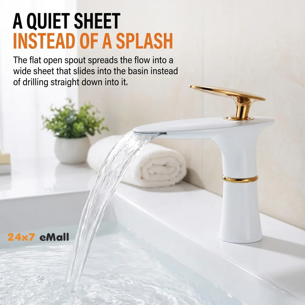 White Waterfall Faucet Gold Waterfall Basin Tap Faucet Mixer for Bathroom Toilet Wash Basins Hot and Cold Water - 18.5cm Height