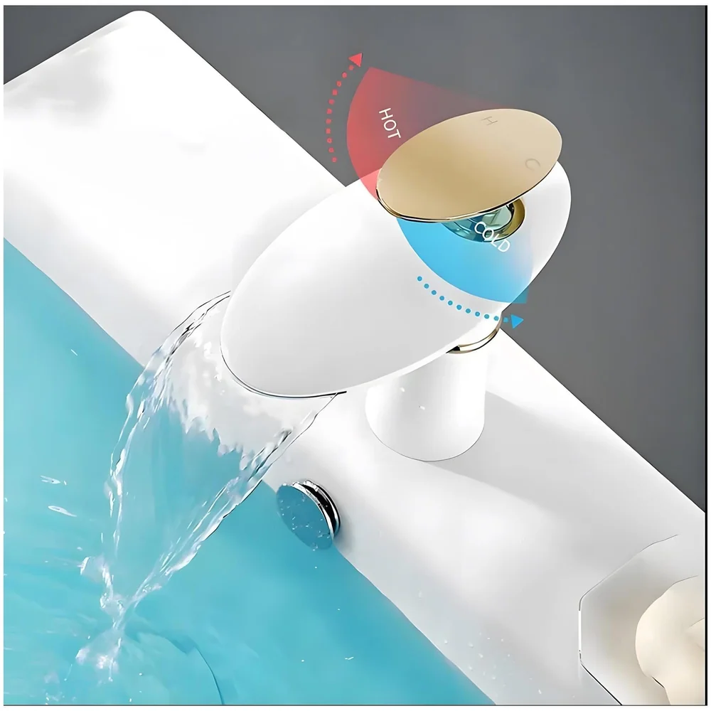 White Waterfall Faucet Gold Waterfall Basin Tap Faucet Mixer for Bathroom Toilet Wash Basins Hot and Cold Water - 18.5cm Height