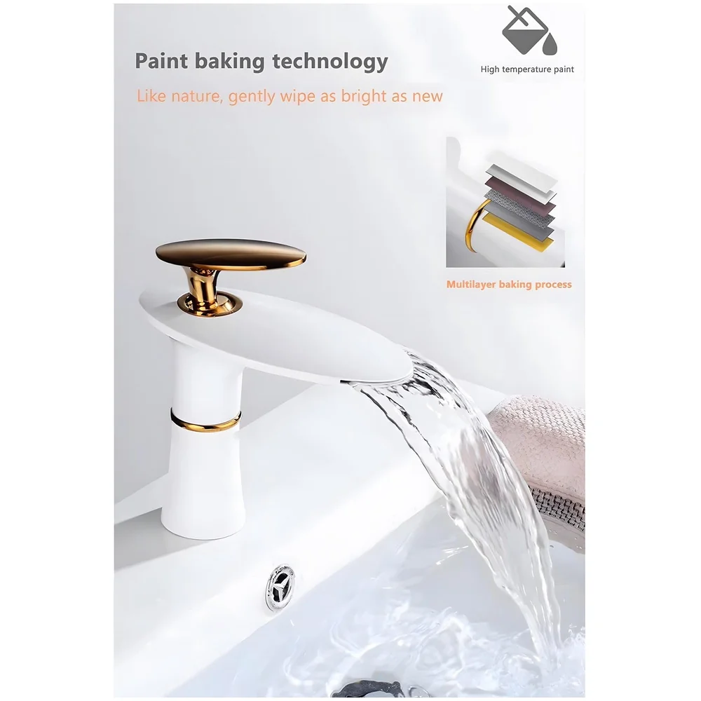 White Waterfall Faucet Gold Waterfall Basin Tap Faucet Mixer for Bathroom Toilet Wash Basins Hot and Cold Water - 18.5cm Height