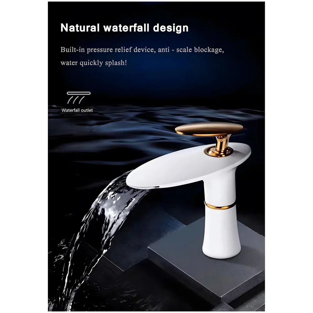 White Waterfall Faucet Gold Waterfall Basin Tap Faucet Mixer for Bathroom Toilet Wash Basins Hot and Cold Water - 18.5cm Height