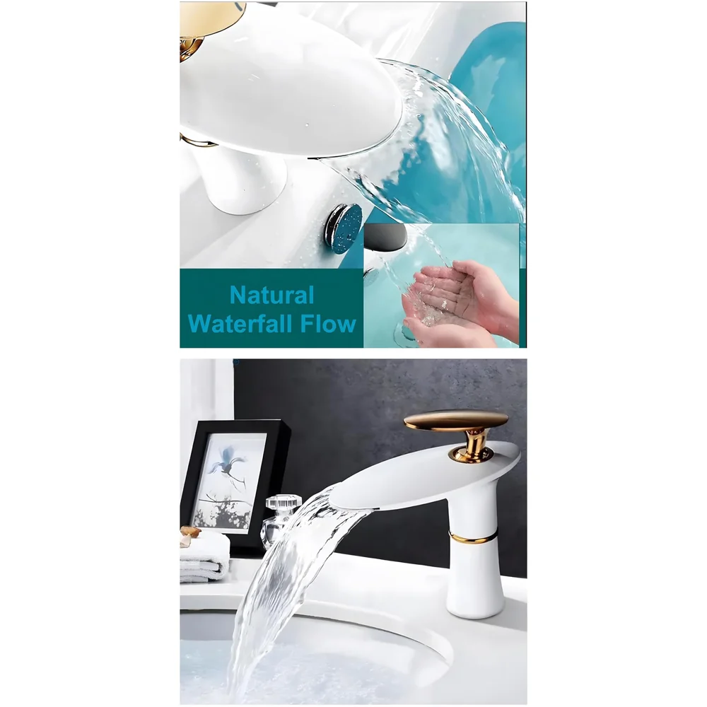 White Waterfall Faucet Gold Waterfall Basin Tap Faucet Mixer for Bathroom Toilet Wash Basins Hot and Cold Water - 18.5cm Height
