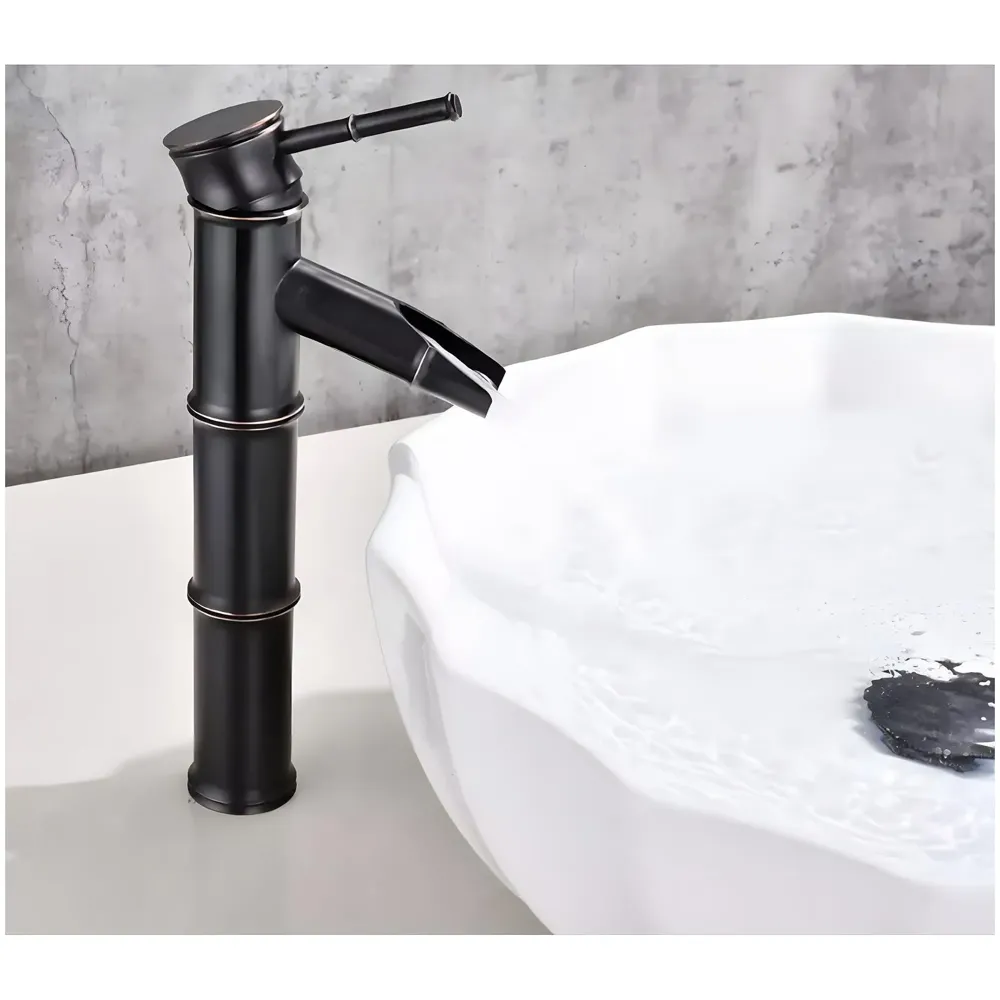 Black Bamboo Basin Tap Faucet Mixer, for Bathroom Toilet Wash Basins Hot and Cold Water Polished. Matt Black Pillar Cock Hot and Cold 12 inch Height