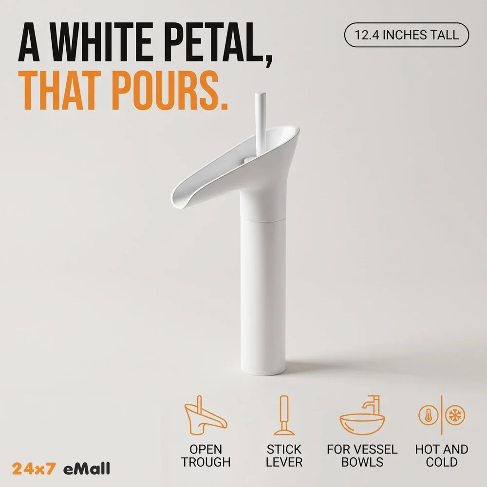 White Waterfall Basin Faucet Tap Mixer for Bathroom Toilet Wash Basins Hot and Cold Water, 12 Inch Height - Brass