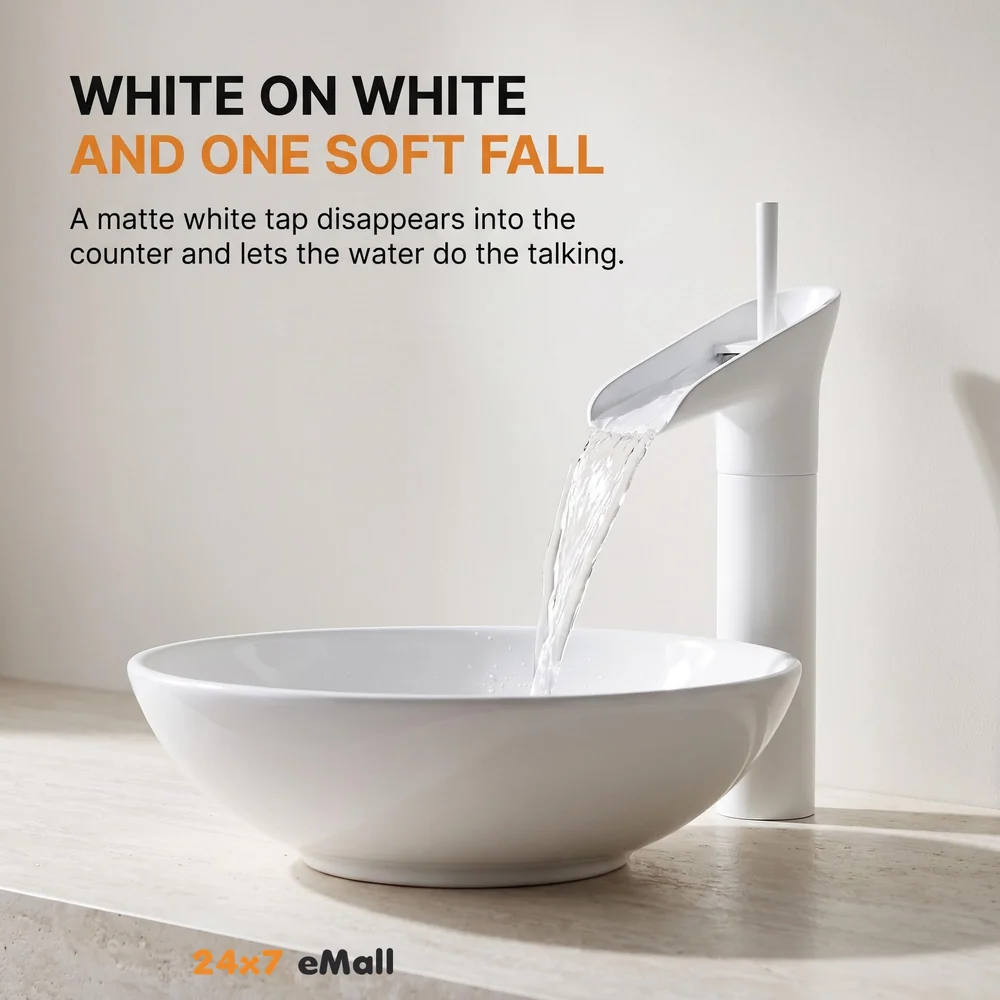 White Waterfall Basin Faucet Tap Mixer for Bathroom Toilet Wash Basins Hot and Cold Water, 12 Inch Height - Brass