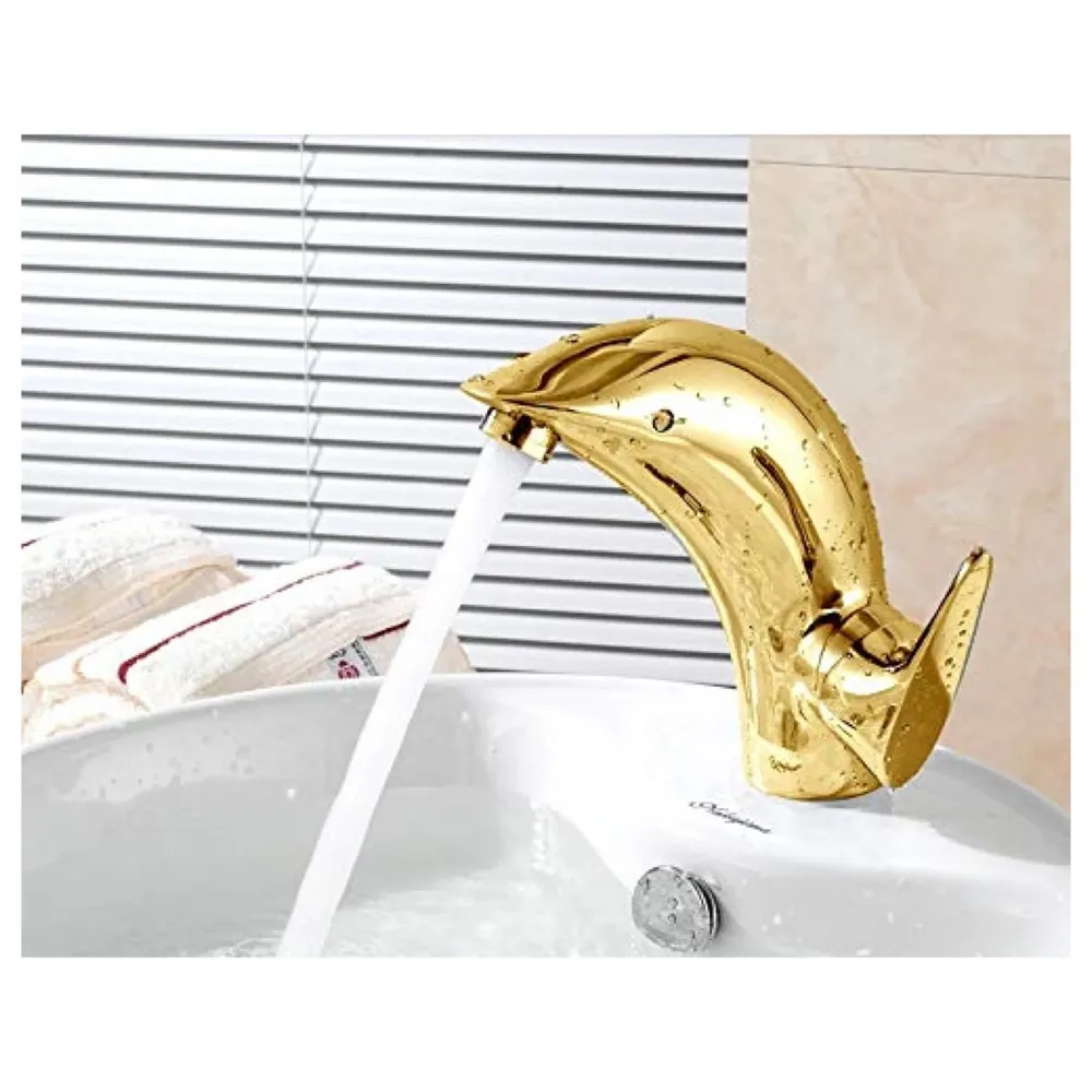 Premium Heavy Single Lever Basin Mixer ~ with 2 Braided Connection Pipes 450mm (Without pop-up) (Dolphin Gold)