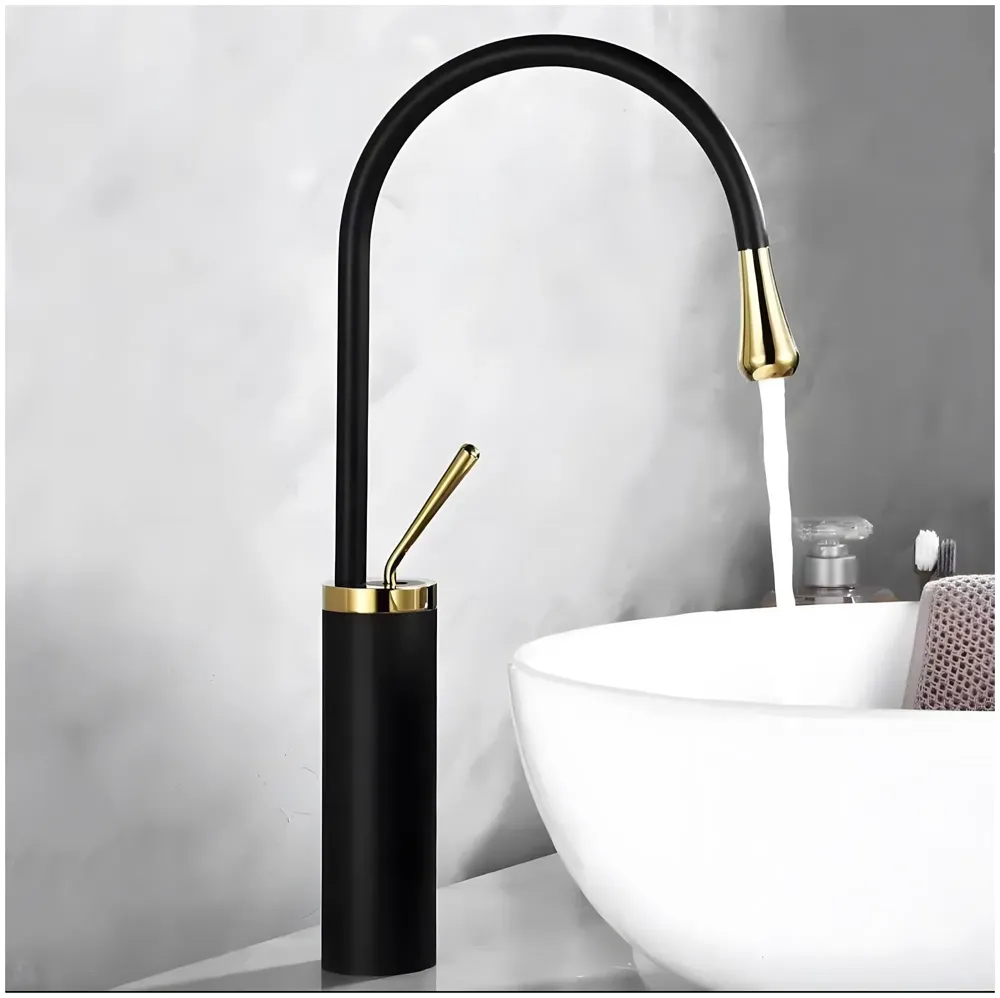 Black Gold Drop Basin Tap Faucet Mixer for Bathroom Toilet Wash Basins Hot and Cold Water Faucet Sink Mixer Colour Tall Body Golden 46cm Height