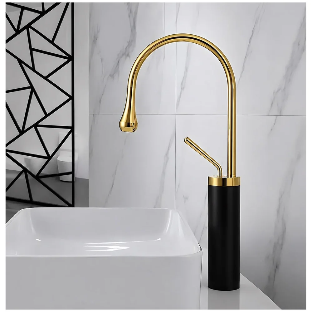 Black Gold Drop Basin Tap Faucet Mixer Tall Body 46 cm Hot Cold