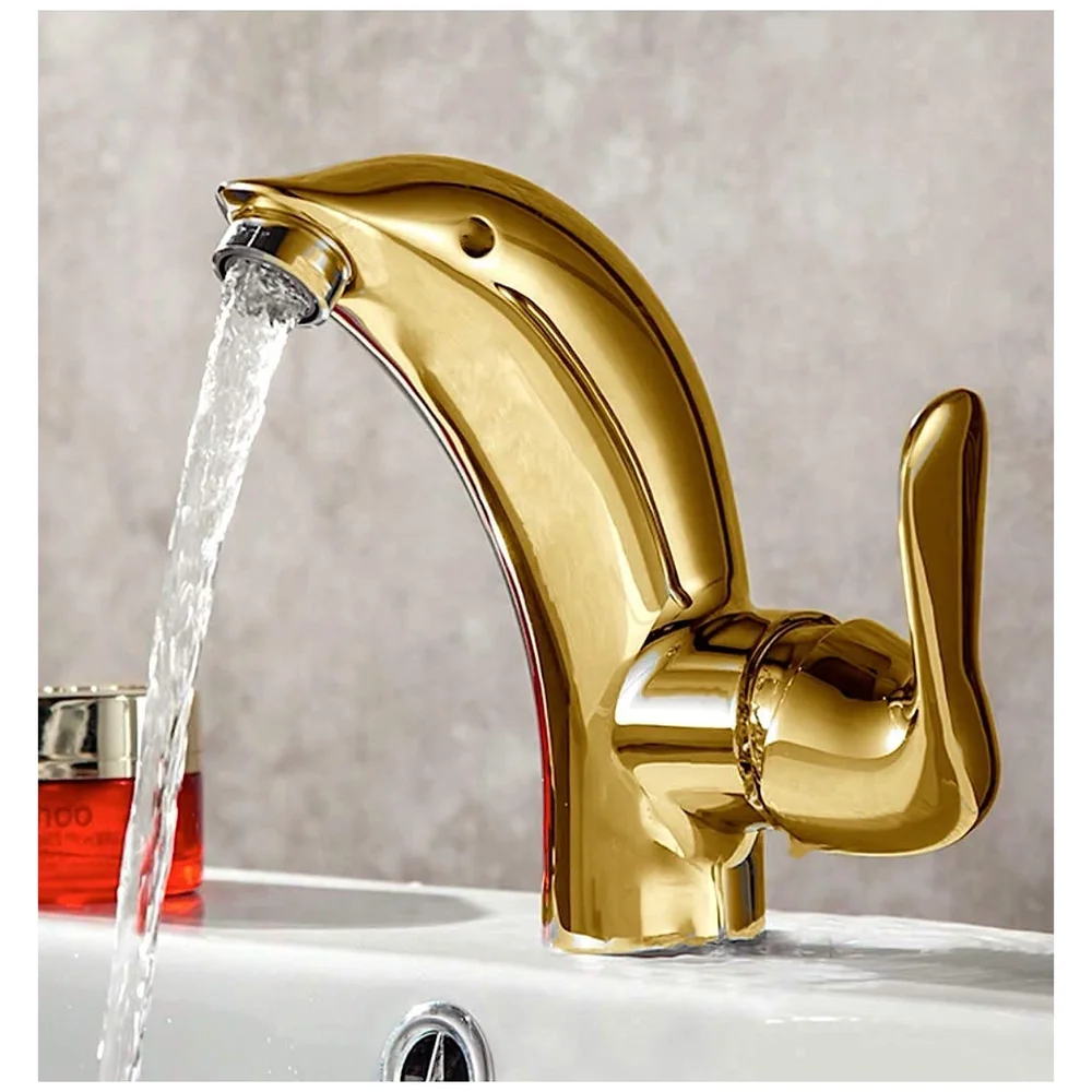 Dolphin Gold Heavy Basin Mixer Tap 2 Braided Pipes 450 mm Set
