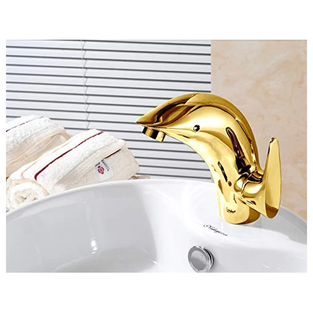 Dolphin Gold Heavy Basin Mixer Tap 2 Braided Pipes 450 mm Set