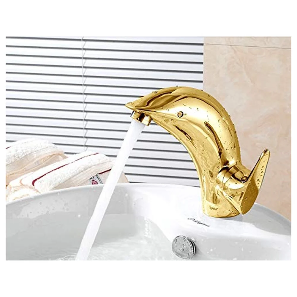 Dolphin Gold Heavy Basin Mixer Tap 2 Braided Pipes 450 mm Set