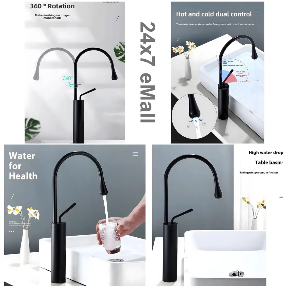Black Drop Mixer Hot and Cold Basin Tap Faucet Sink Mixer Black Colour Tall Body for Basin Tap Faucet Bathroom Kitchen - 43 Cm Height