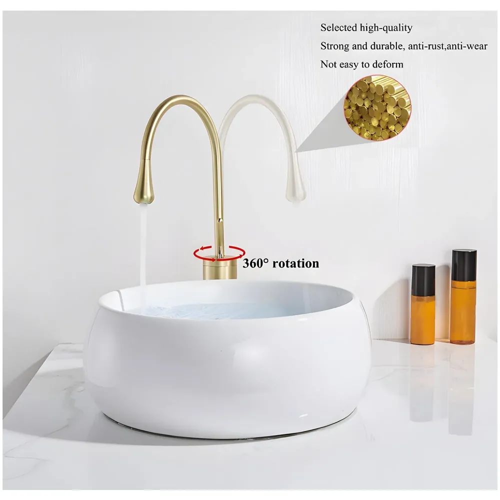 Gold Drop Basin Tap Faucet Mixer for Bathroom Toilet Wash Basins Hot and Cold WaterSink Mixer Golden Colour Tall Body Basin Tap Faucet Bathroom Kitchen 46 cm Height