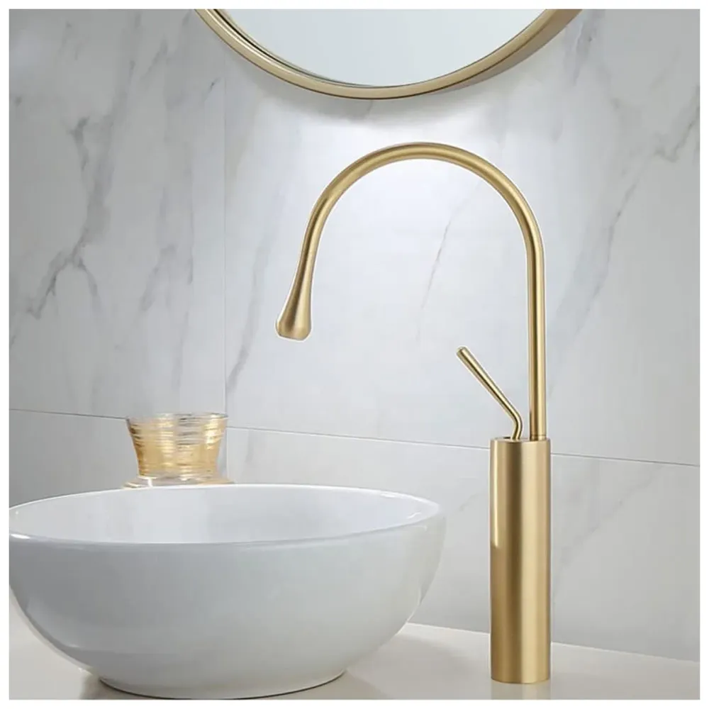 Gold Drop Basin Tap Faucet Mixer for Bathroom Toilet Wash Basins Hot and Cold WaterSink Mixer Golden Colour Tall Body Basin Tap Faucet Bathroom Kitchen 46 cm Height