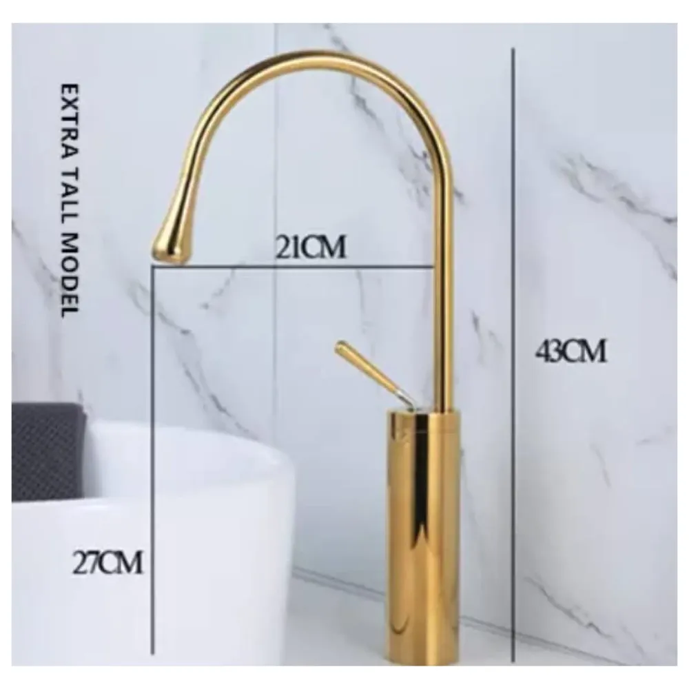 Gold Drop Basin Tap Faucet Mixer for Bathroom Toilet Wash Basins Hot and Cold WaterSink Mixer Golden Colour Tall Body Basin Tap Faucet Bathroom Kitchen 46 cm Height