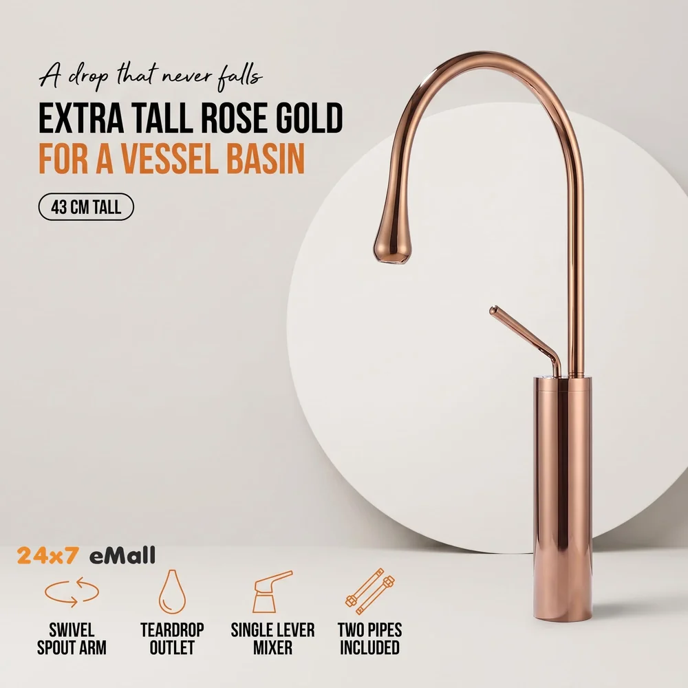 Rose Gold Drop Basin Tap Faucet Mixer for Bathroom Toilet Wash Basins Hot and Cold Water Sink Mixer Rosegold Colour Tall Body - 43cm Height