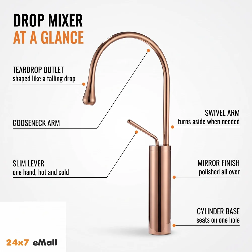 Rose Gold Drop Basin Tap Faucet Mixer for Bathroom Toilet Wash Basins Hot and Cold Water Sink Mixer Rosegold Colour Tall Body - 43cm Height