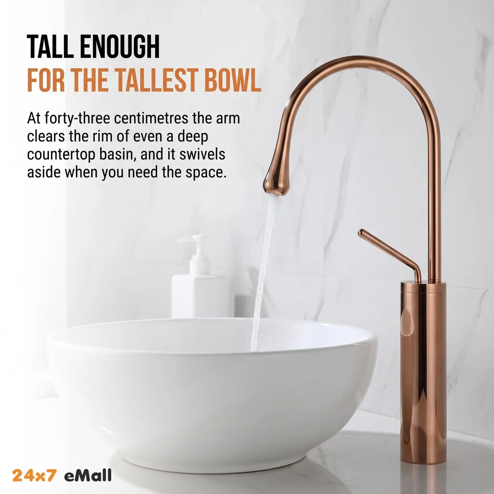 Rose Gold Drop Basin Tap Faucet Mixer for Bathroom Toilet Wash Basins Hot and Cold Water Sink Mixer Rosegold Colour Tall Body - 43cm Height