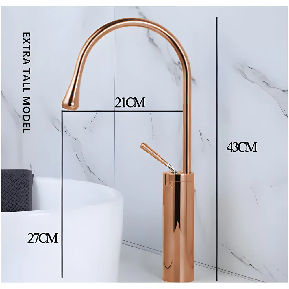 Rose Gold Drop Basin Tap Faucet Mixer for Bathroom Toilet Wash Basins Hot and Cold Water Sink Mixer Rosegold Colour Tall Body - 43cm Height