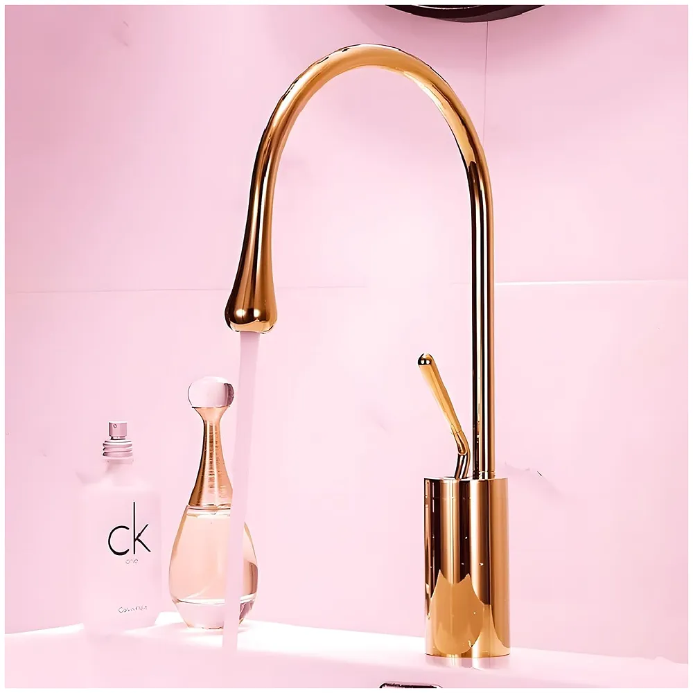 Rose Gold Drop Mixer Hot and Cold Basin Tap Faucet Vessel Mount 38 Cm Sink Mixer Rosegold Colour Body for Basin Tap Faucet Bathroom Kitchen 38 Cm Height