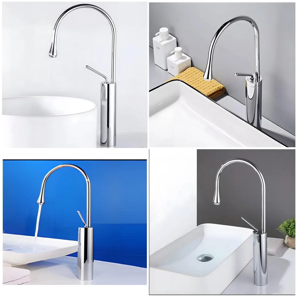 Chrome Silver Drop Basin Tap Faucet Mixer for Bathroom Toilet Wash Basins Hot and Cold Water Sink Mixer Chrome Colour Tall Body 43cm Height