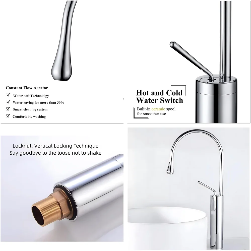 Chrome Silver Drop Basin Tap Faucet Mixer for Bathroom Toilet Wash Basins Hot and Cold Water Sink Mixer Chrome Colour Tall Body 43cm Height