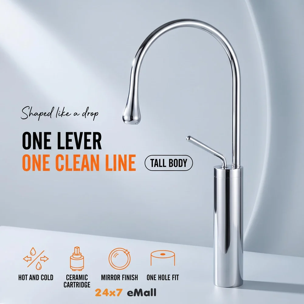 Chrome Silver Drop Basin Tap Faucet Mixer for Bathroom Toilet Wash Basins Hot and Cold Water Sink Mixer Chrome Colour Tall Body 43cm Height