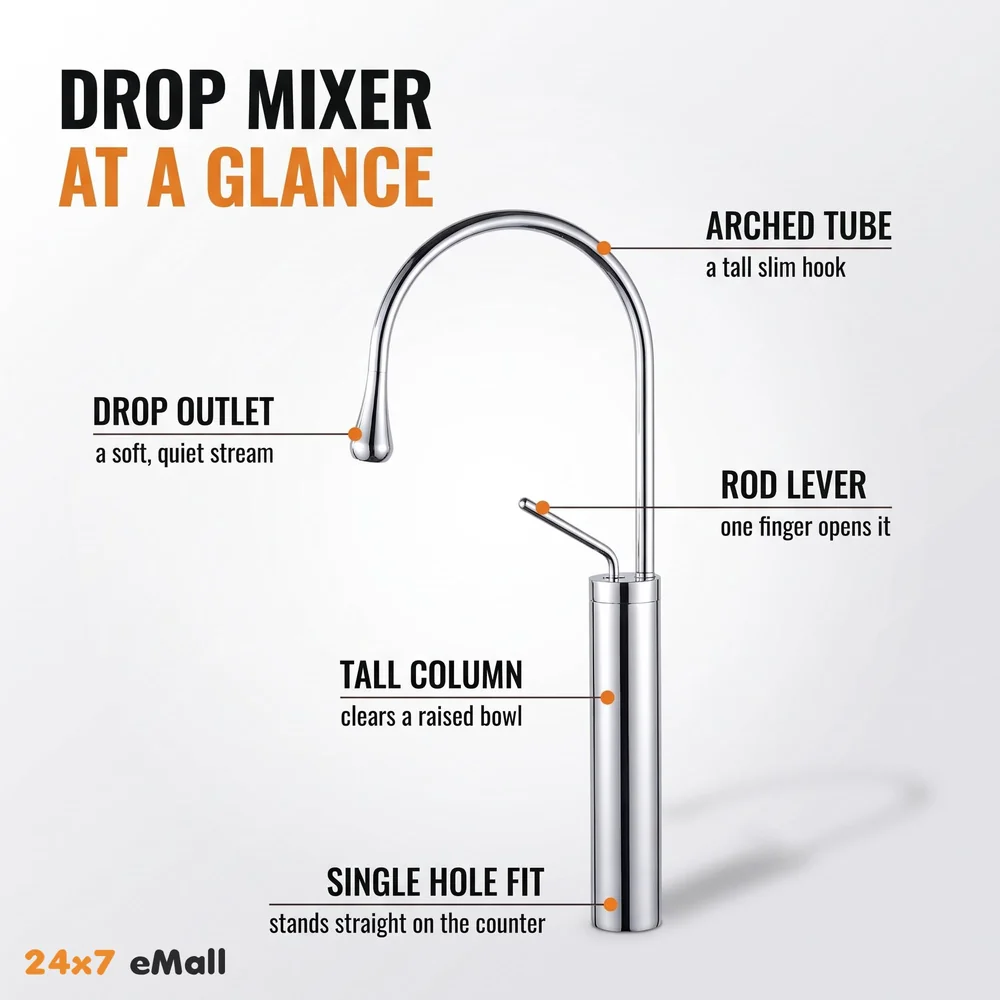 Chrome Silver Drop Basin Tap Faucet Mixer for Bathroom Toilet Wash Basins Hot and Cold Water Sink Mixer Chrome Colour Tall Body 43cm Height