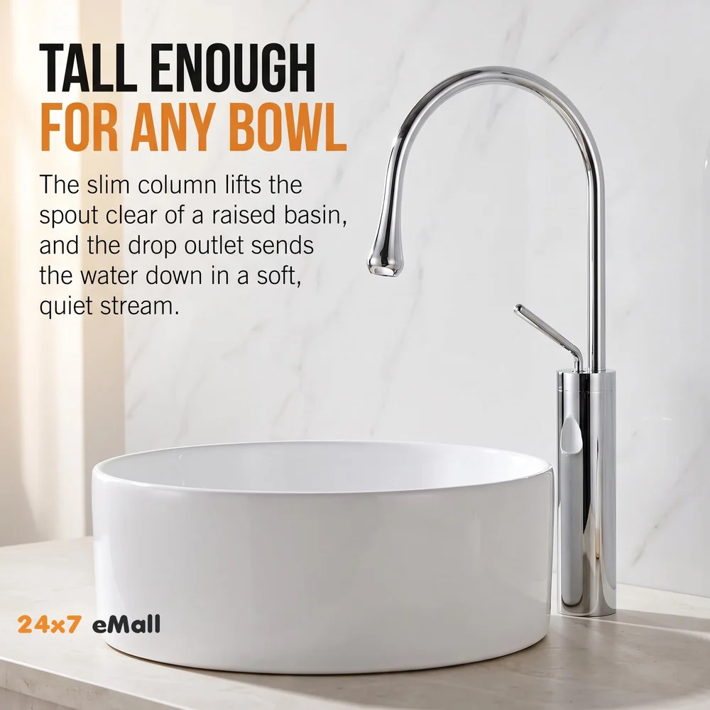 Chrome Silver Drop Basin Tap Faucet Mixer for Bathroom Toilet Wash Basins Hot and Cold Water Sink Mixer Chrome Colour Tall Body 43cm Height