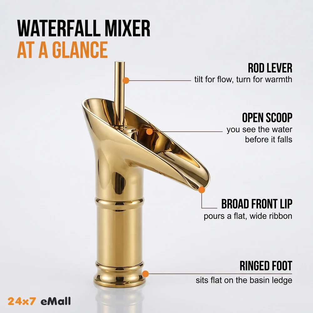 Waterfall Gold Basin Tap Faucet for Bathroom Toilet Wash Basins Hot and Cold Water, 7 Inch Height, Golden Colour (El Dorado Petite)