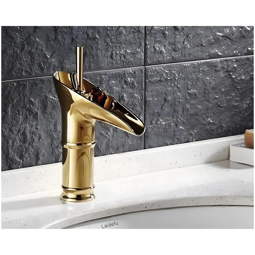 Waterfall Gold Basin Tap Faucet for Bathroom Toilet Wash Basins Hot and Cold Water, 7 Inch Height, Golden Colour (El Dorado Petite)