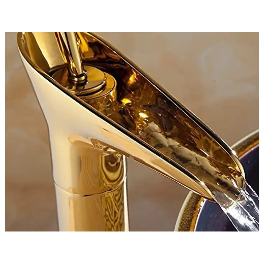 Waterfall Gold Basin Tap Faucet for Bathroom Toilet Wash Basins Hot and Cold Water, 7 Inch Height, Golden Colour (El Dorado Petite)